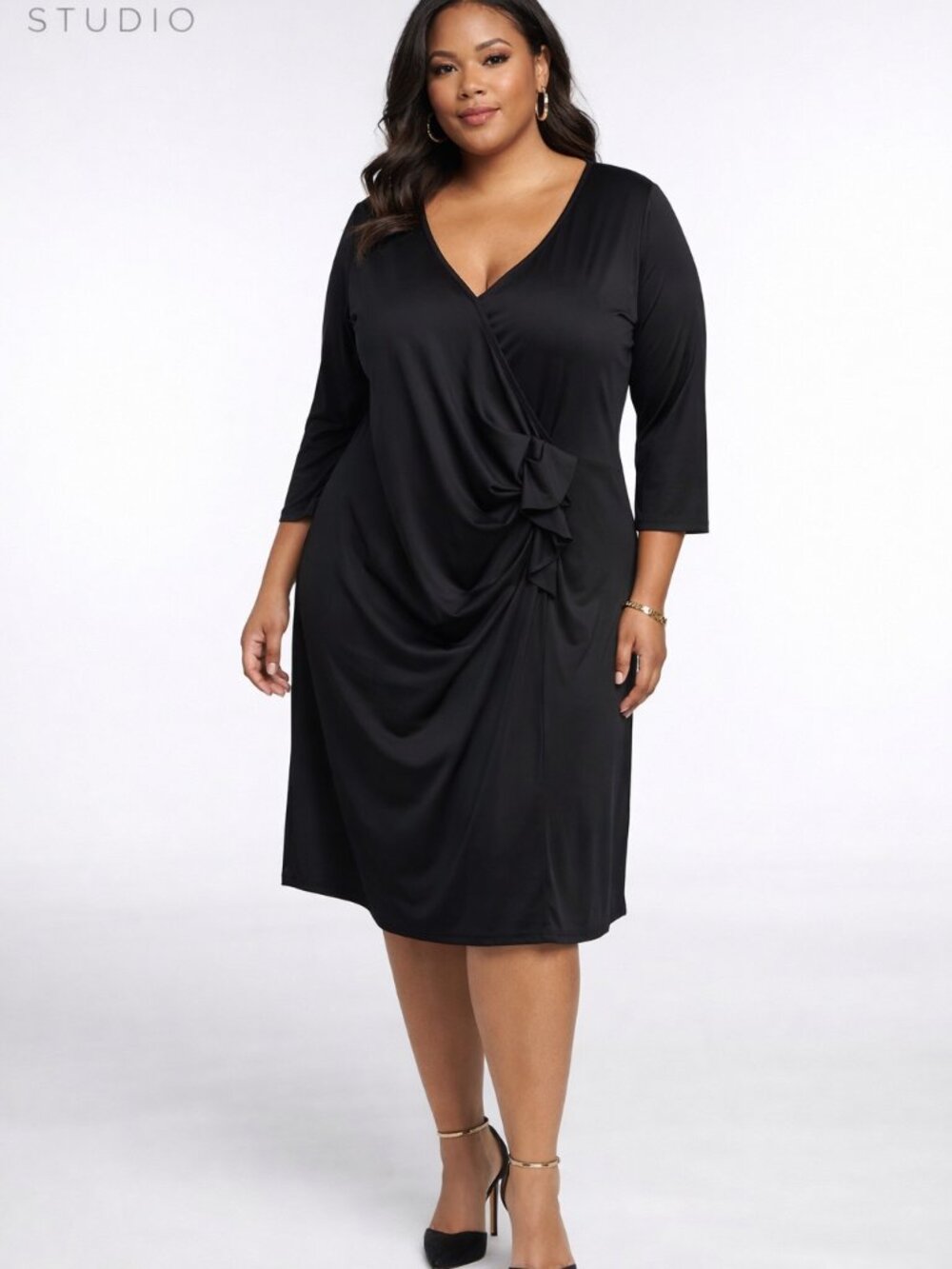 Miss Tina by Tina Knowles Black Faux Wrap Dress Elbow Sleeves Size XL 16-18